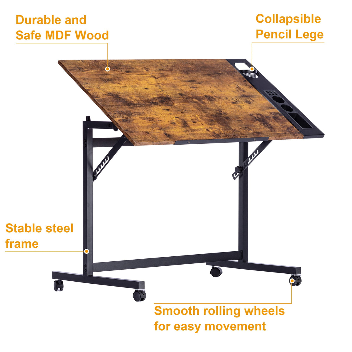 VECELO Drafting Table with Wheels, Adjustable Drawing Table Tiltable Painting Desk Workstation with Pencil Ledge for Artists, Brown