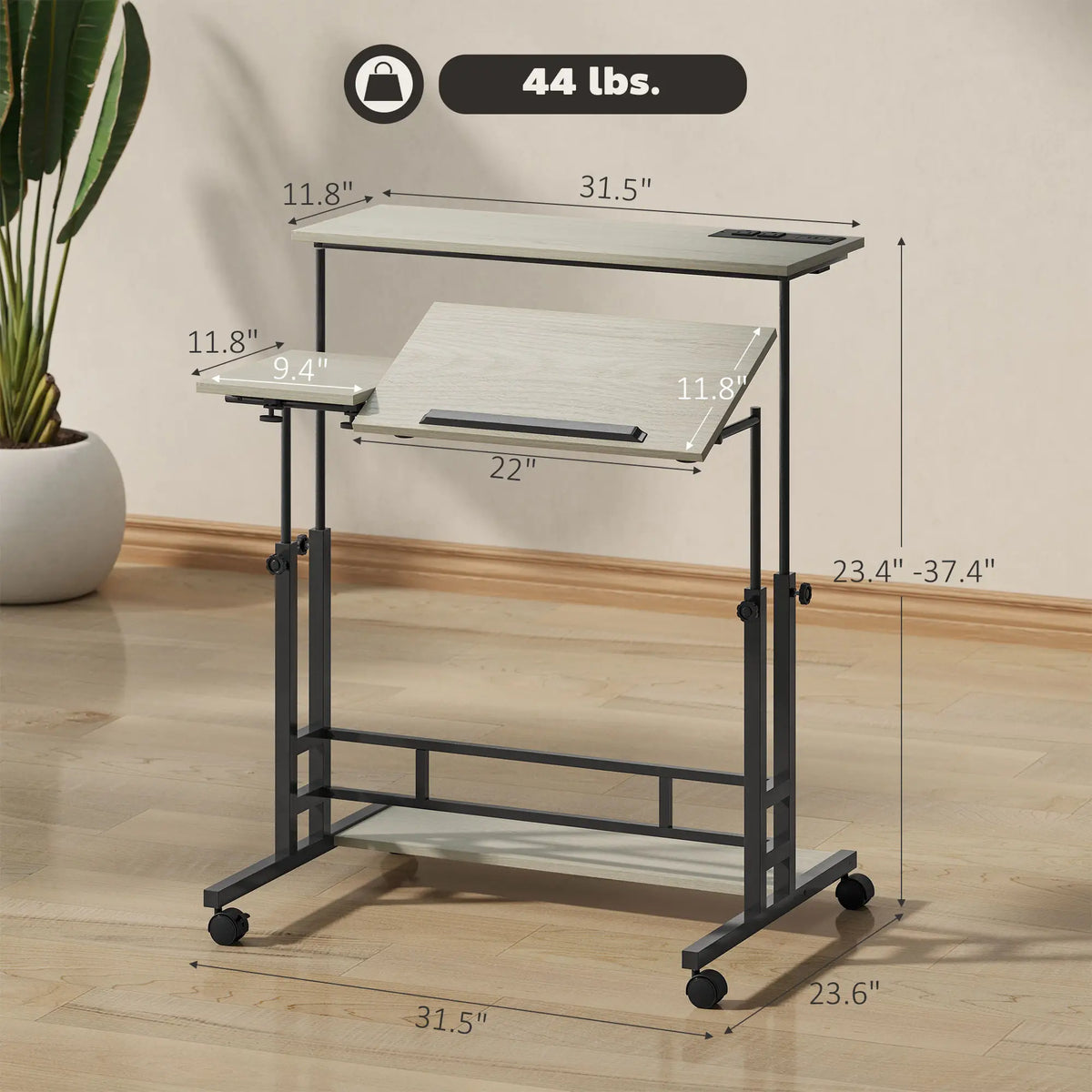 Manual Height Adjustable Standing Desk, Oak Three-Panel Tiltable Desktop Desk with Built-in Charging Station, Lockable Caster Wheels for Home Office Studio Classroom
