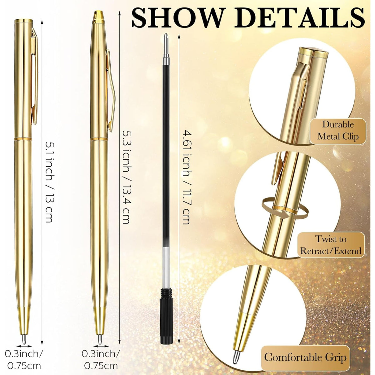 Qianfeng 25 Pack Bulk Gold Pens (2 Styles) Retractable Ballpoint Pens with Black Ink, 1.0mm Tip, Ideal for Wedding Favors and Office Business Use