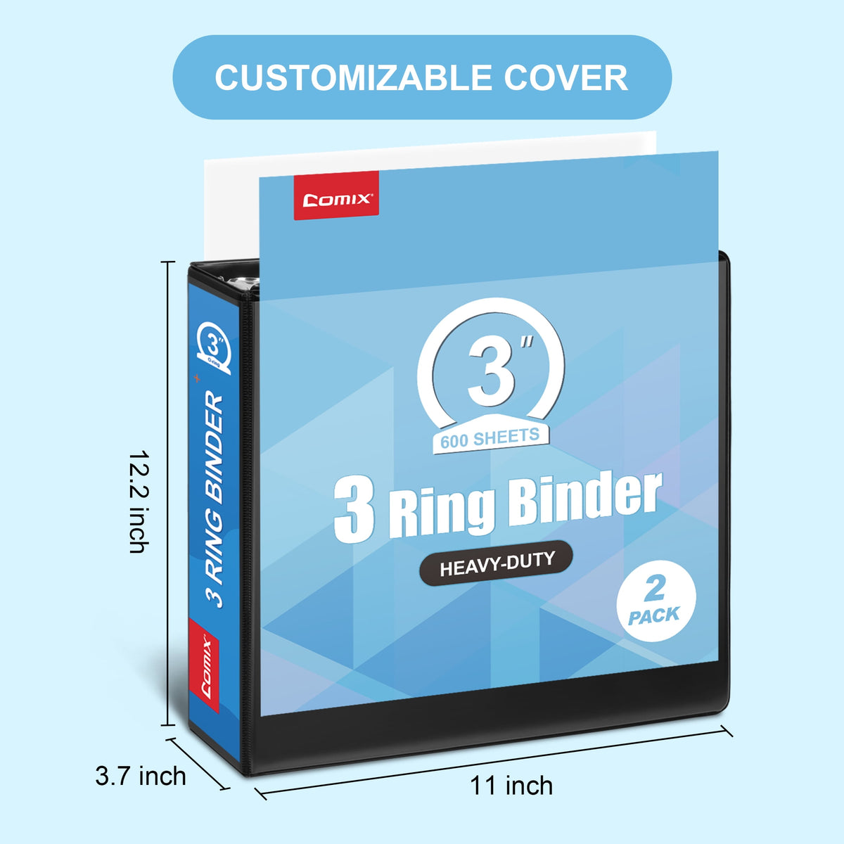 Comix Heavy-duty 3 inch 3 Ring Binder with Clear Cover, Round Ring, 600 Sheets Capacity, Office School Supplies, 2-Pack Black