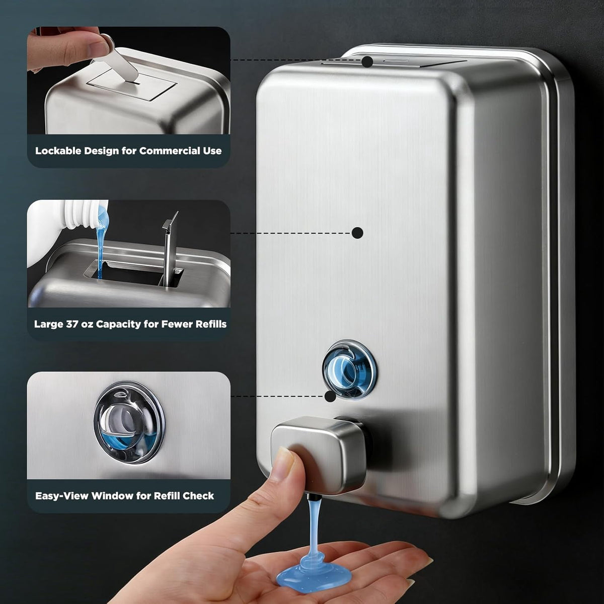Wall Mounted Soap Dispenser 1100ml/37fl oz, Stainless Steel Commercial Soap Dispenser with Protective Inner Liner, Manual Soap Dispenser with Easy-Press Pump for Bathroom, Kitchen & Restaurant