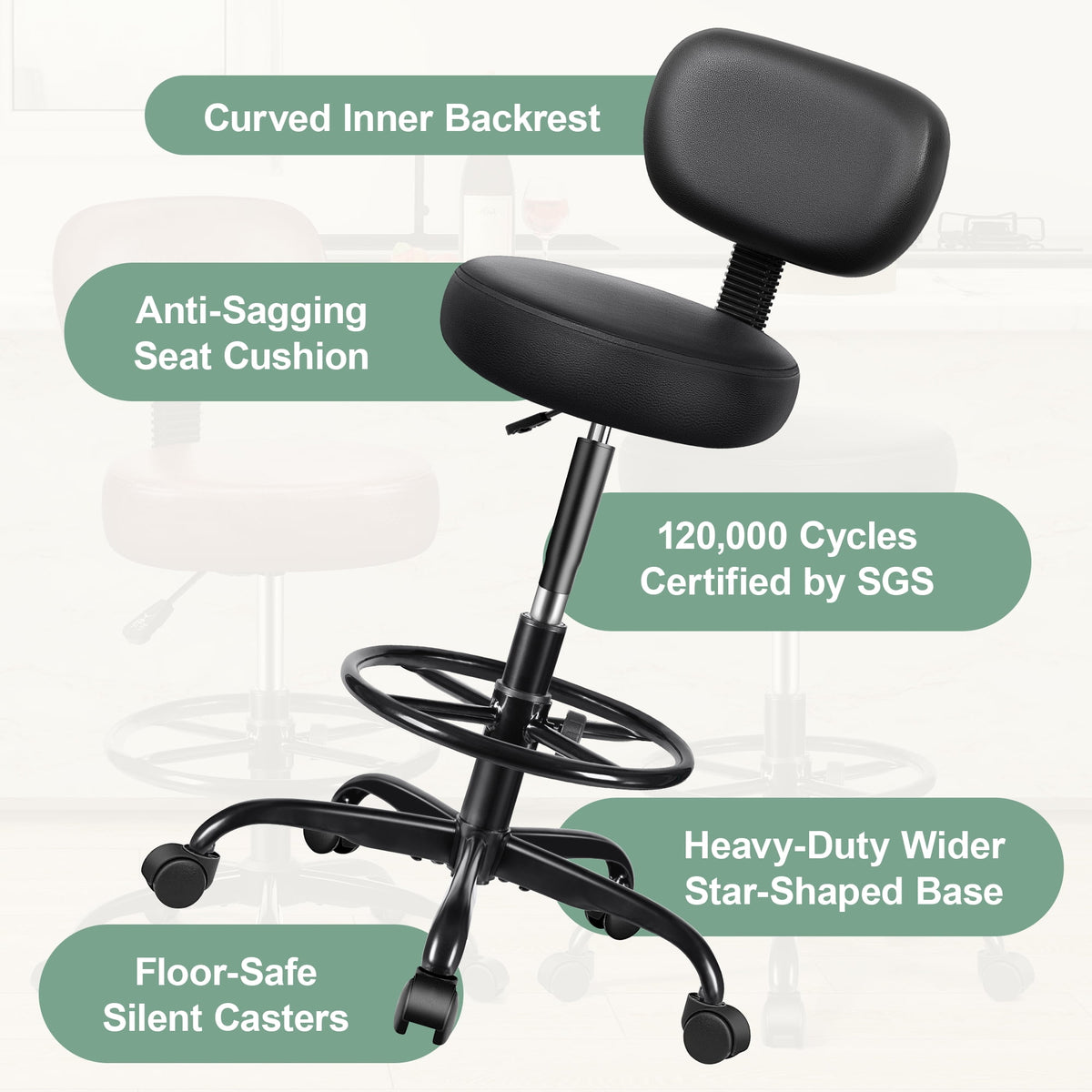Primy Drafting Office Chair with Backrest - Adjustable Rolling Stool | Armless Office & Bar Height Chair | PU Leather with Thick Cushion | for Home, Office, Salon, Kitchen, Shop, Black