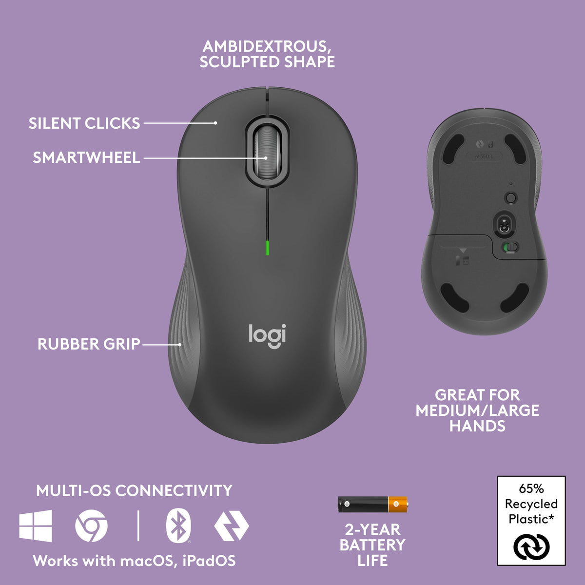 Logitech Wave Keys Combo, Wireless Ergonomic Keyboard with Signature M550 L Wireless Mouse, Graphite