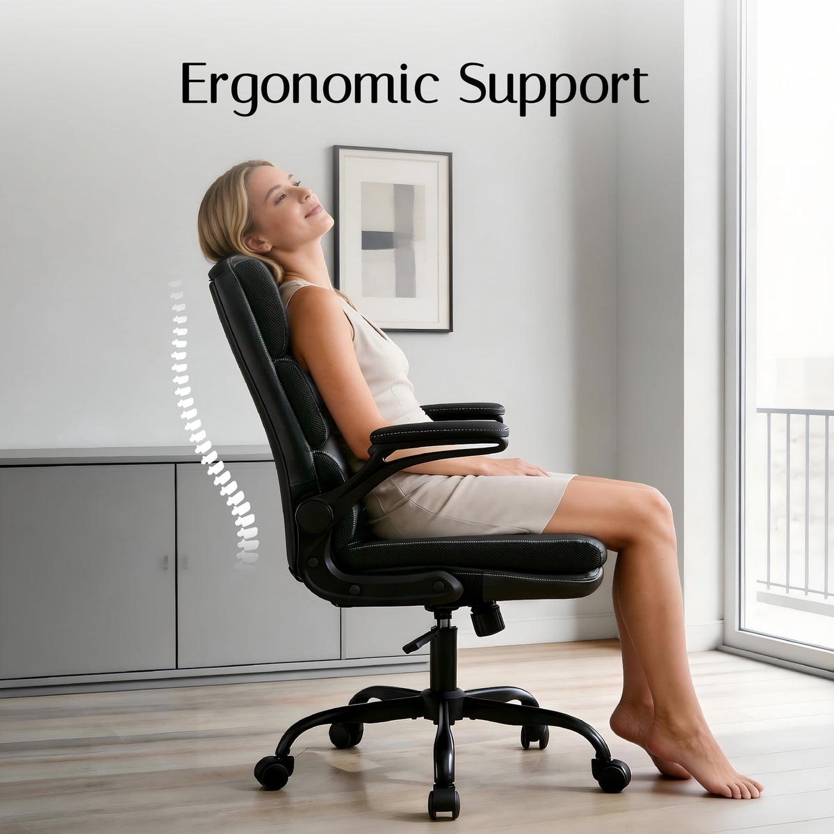 TMV Ergonomic Executive Desk Chair - PU Leather Adjustable Arm Swivel Office Chair for Vanity Desk, Home & Executive Desk,Black
