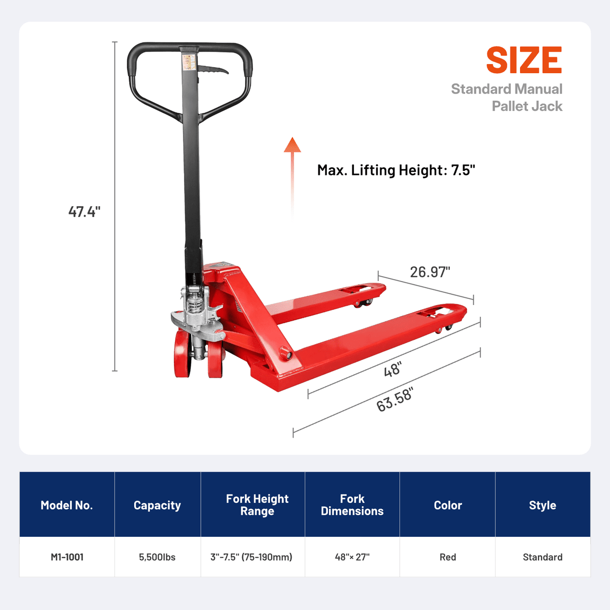 Northsky Standard Manual Pallet Jack, 48" x 27" W , 5500 lbs Capacity, Pallet Truck for Warehouse, Workshop, Manufacturing, Retail
