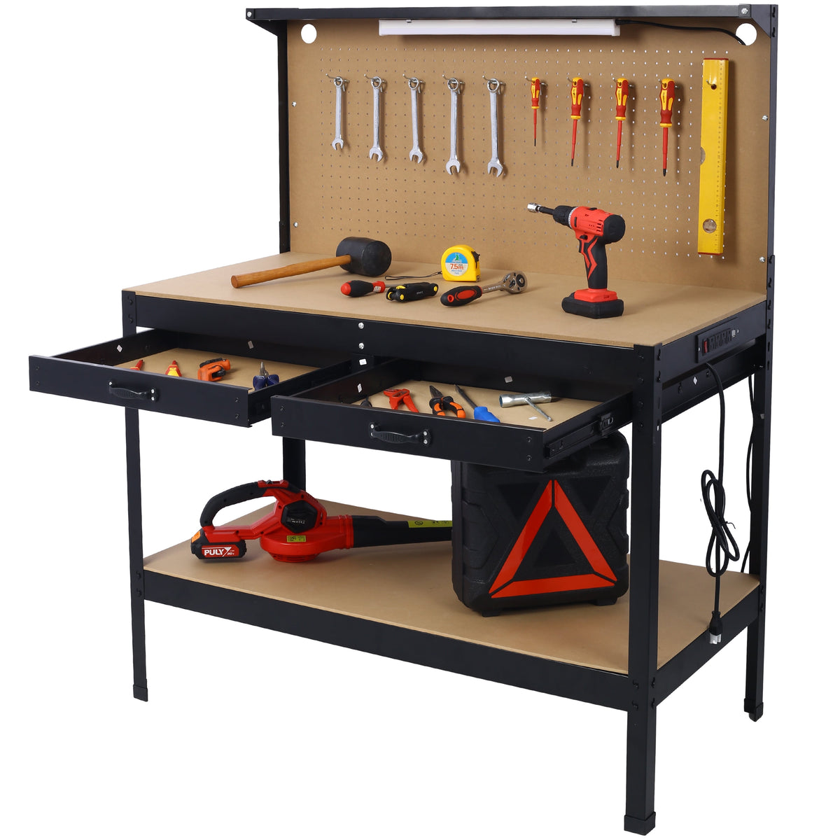 DUOSONG Steel Workbench Tool Storage Work Bench Workshop Tools Table W/Drawer And Peg Board ,4Xac Outlets 2Xusb Ports Black Steel Other