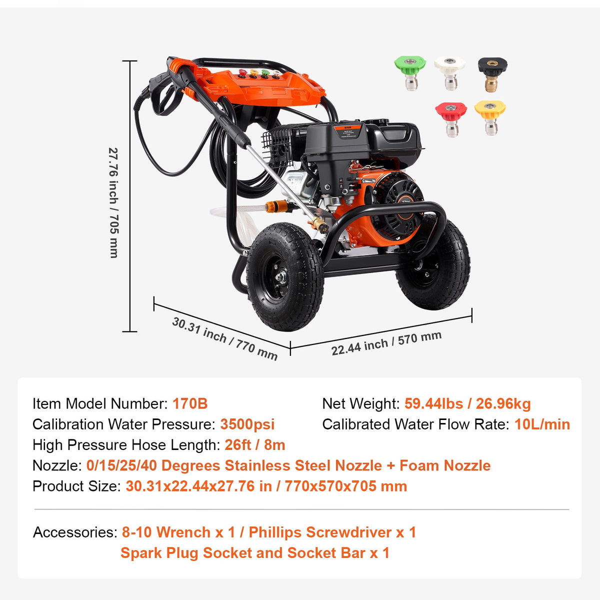 KFFKFF Gas-Powered Pressure Cleaner, 3500 PSI 2.6 GPM, Aluminum Pump Equipped Pressure Washer, Spray Gun and Extension Wand Included, Set of 5 Nozzles, Suitable for Vehicles, Fences, Residences