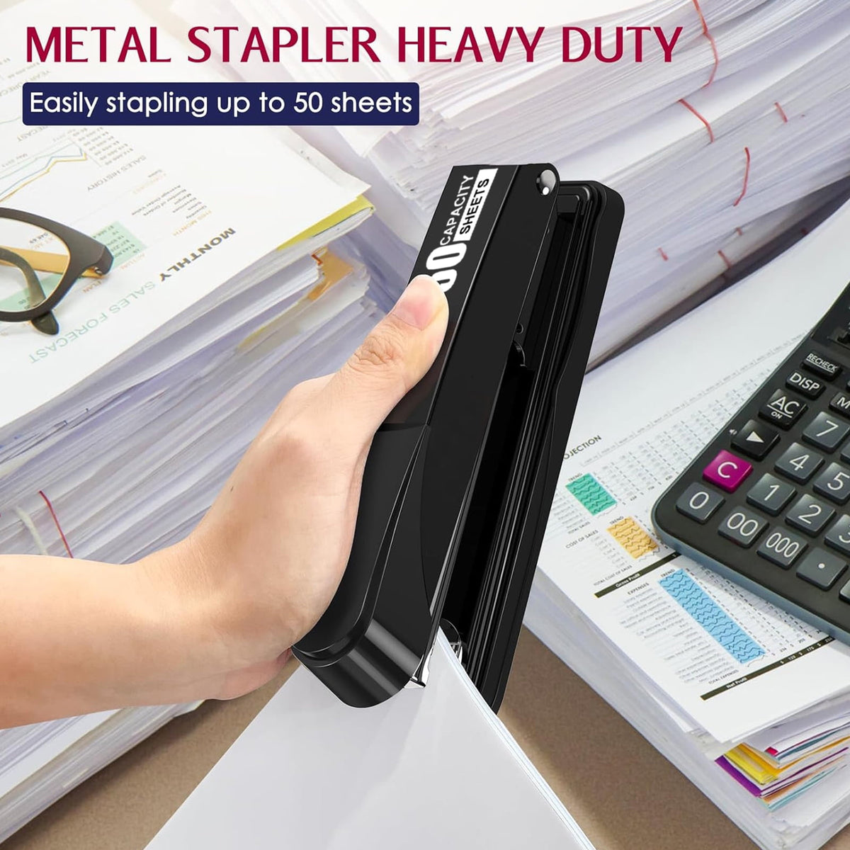 BAODELI Heavy Duty Metal Stapler, 50-Sheet Capacity, Includes Staples & Remover, Black, Full Strip for Office Desk