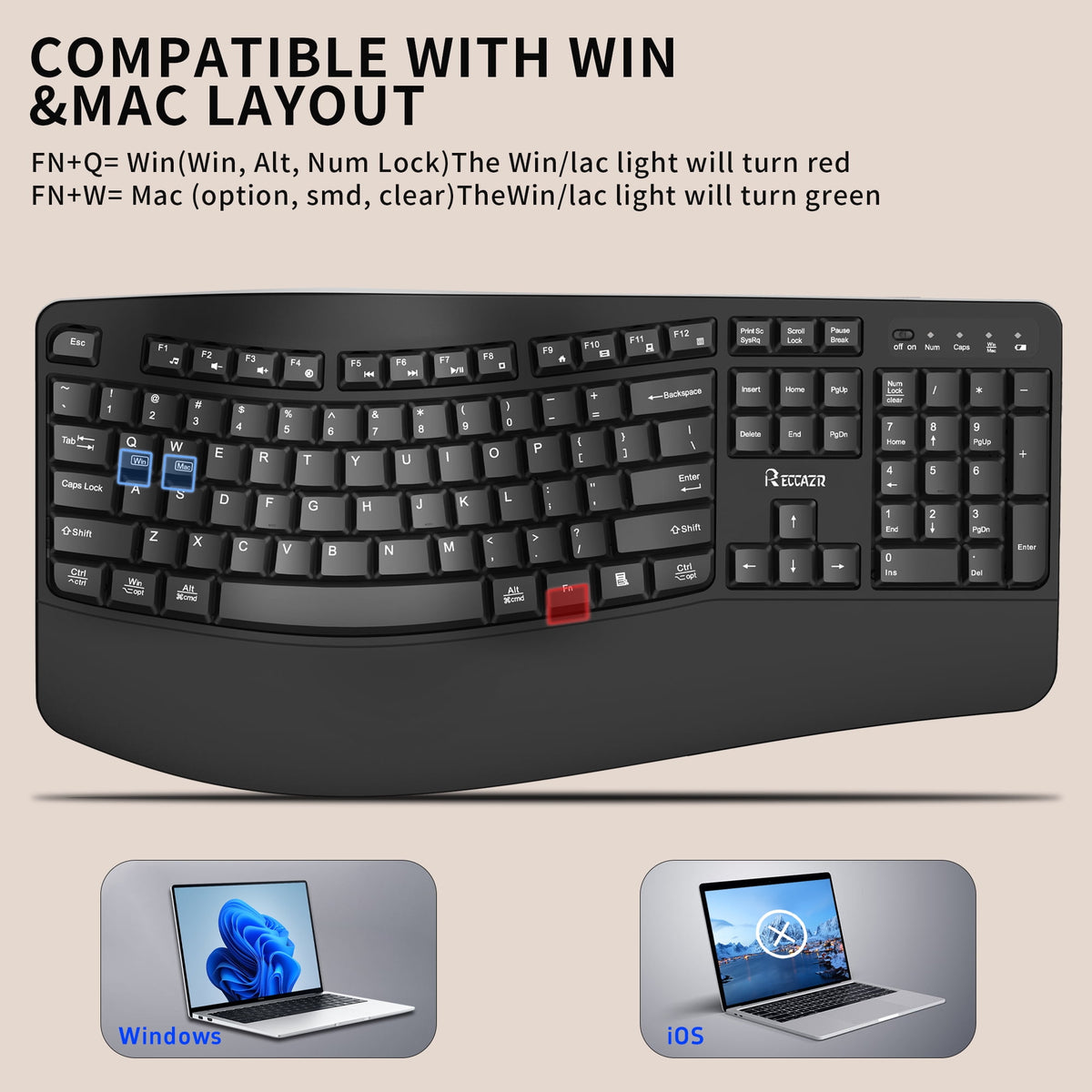 RECCAZR Advanced Combo Wireless Keyboard and Mouse, Wave Keys Ergonomic Keyboard with Wrist Rest and 3-Level DPI Adjustable Wireless Ergonomic Mouse for Windows, Mac OS Desktop/Laptop/PC(Black)