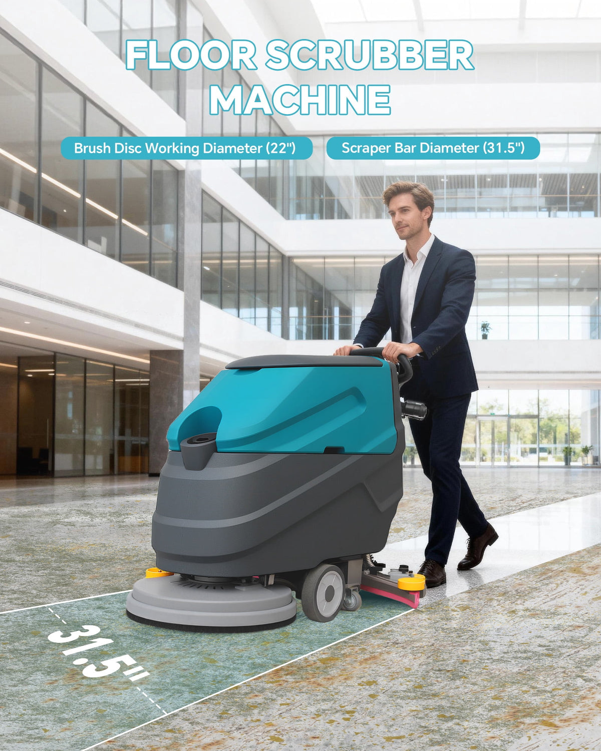 POHIR Walk-Behind Floor Scrubber, 22"Cleaning Width, 31.5" Suction Width, 18.5 gal Solution Tank, 15.9 gal Recovery Tank, 32000 Sq Ft/H, Commercial & Industrial, Full Parts Kit