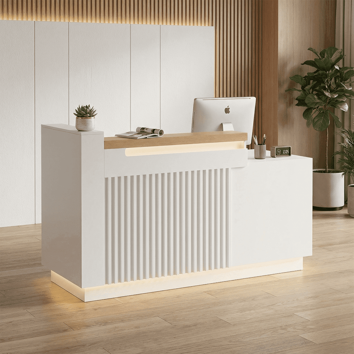 63" White L-Shaped Reception Desk with Left Counter, Modern Front Desk with Built-in Power Outlets, Locking Drawers & LED Lights for Office, Salon & Retail