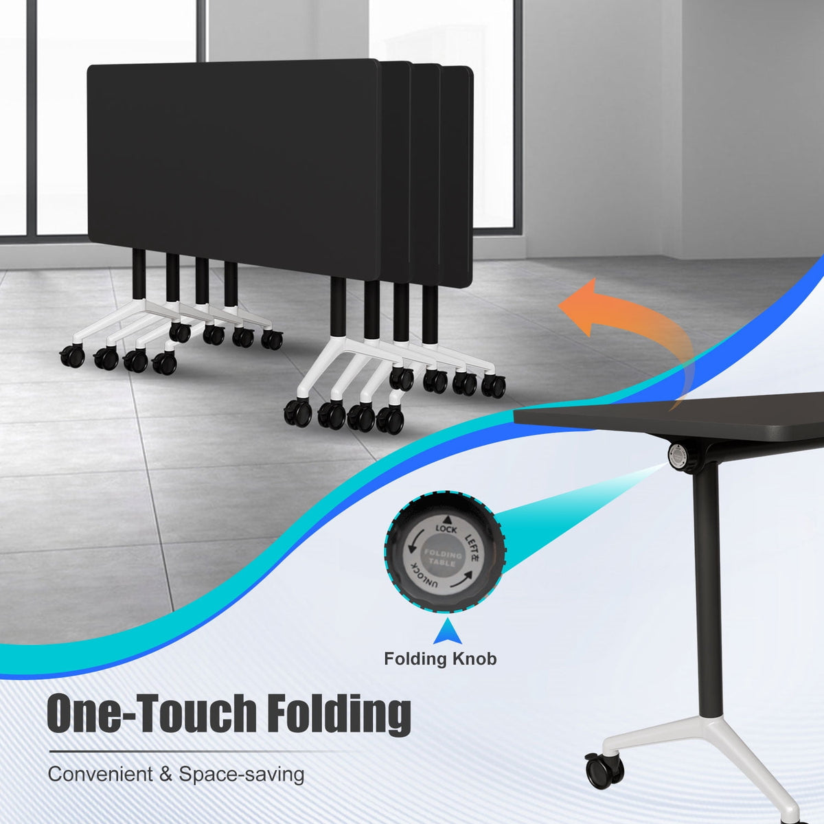 Folding Conference Table with Wheels, Modular Flip Top Meeting Desk, Commercial Training Table for Office Classroom(8,Black 2,61" D X 19.6" W X 29.5" H)