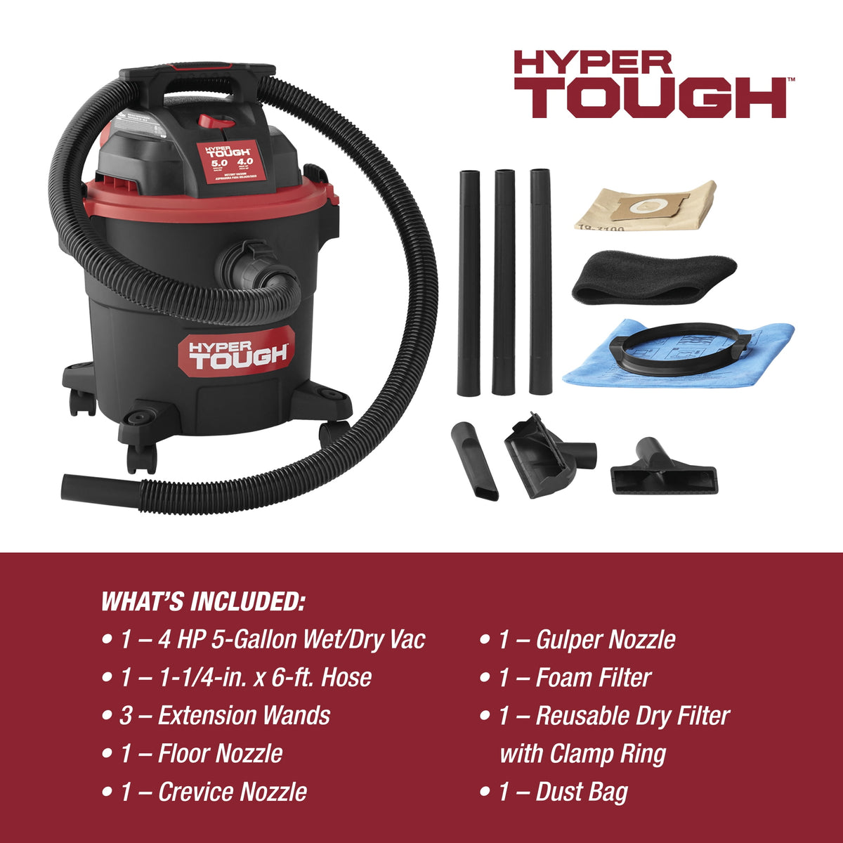 Hyper Tough 5 Gallon 4 HP Wet Dry Vacuum for Home, Car, Garage & Workshop