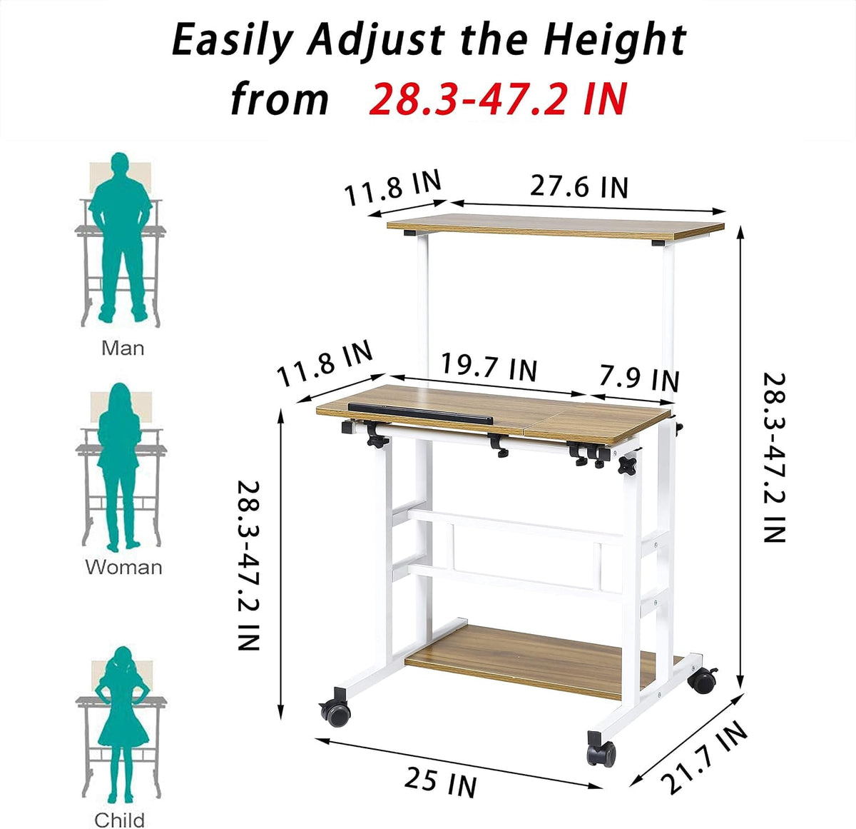 NurtureTail Height Adjustable Mobile Workstation with Wheels, Keyboard Tray & Storage Shelf, Rolling Laptop Desk for Home Office, Study & Small Spaces,White Frame/Ancient Oak Top