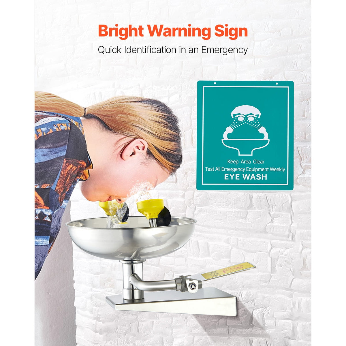 KFFKFF Emergency Eye Wash Station, Stainless Steel Wall-Mounted Eyewash Unit, First Aid Eye Wash Sink 16.14 x 12.99 x 9.45 Inches, Suitable for Laboratories, Factories, Schools, Construction Sites