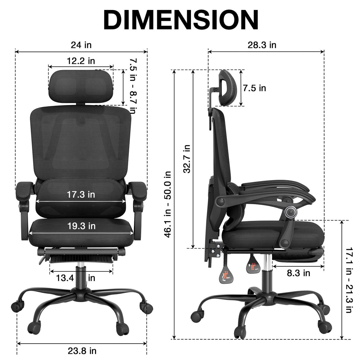 Mr IRONSTONE Ergonomic Office Chair with Footrest, High Back Mesh Computer Chair with Floating Lumbar Support and 2D Headrest, 135 Degree Reclining Desk Chair, Black