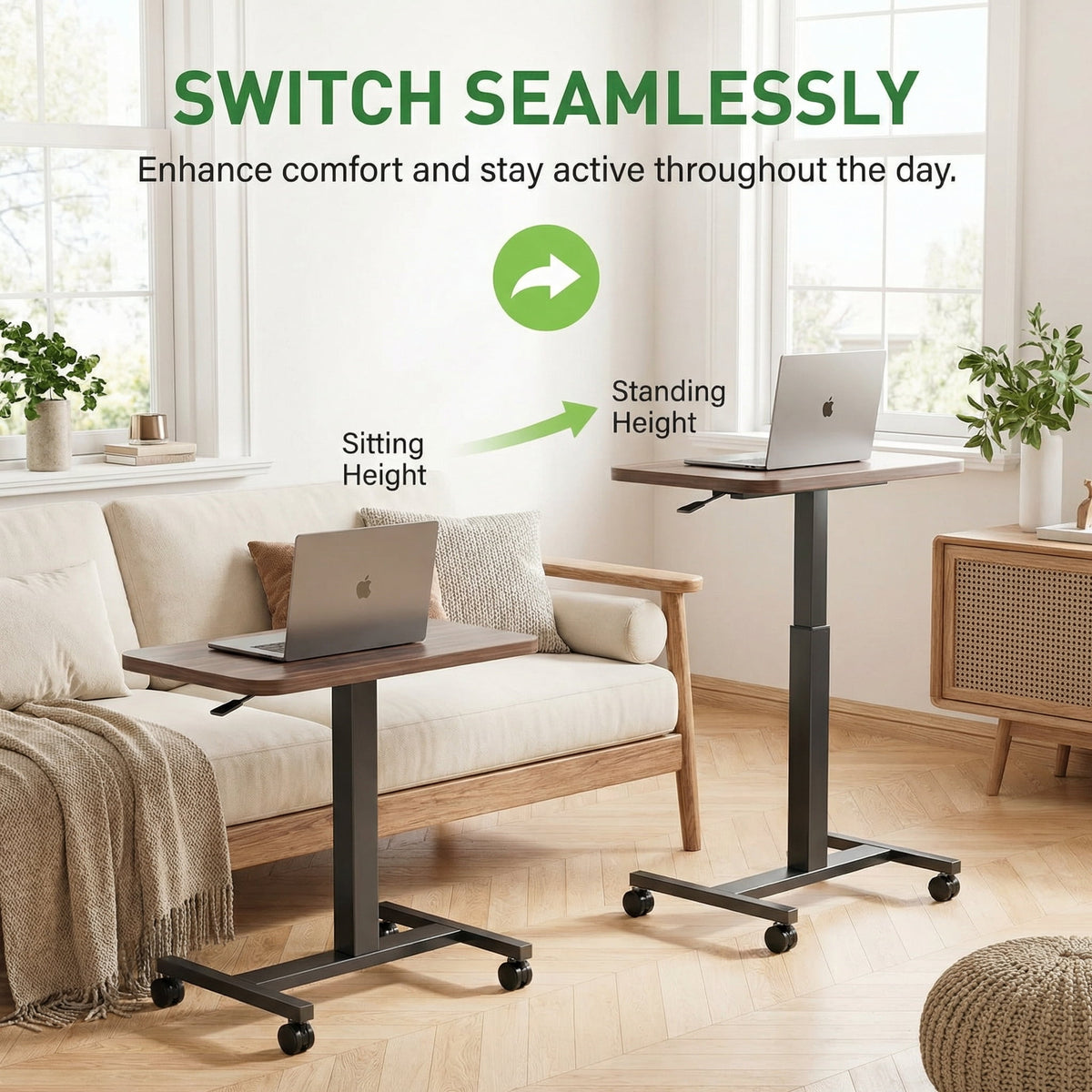 CHITOOMA Mobile Standing Desk, Height Adjustable Computer Escritorios Rolling Desk with 4 Lockable Wheels for Home Office, Walnut