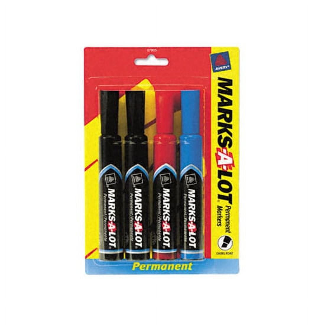 Avery Marks A Lot Permanent Markers, Regular Desk-Style, Asstd, 4/PK Regular Marker Point - Chisel Marker Point Style - Black, Blue, Red - Black, Blue, Red Barrel - 4 / Pack