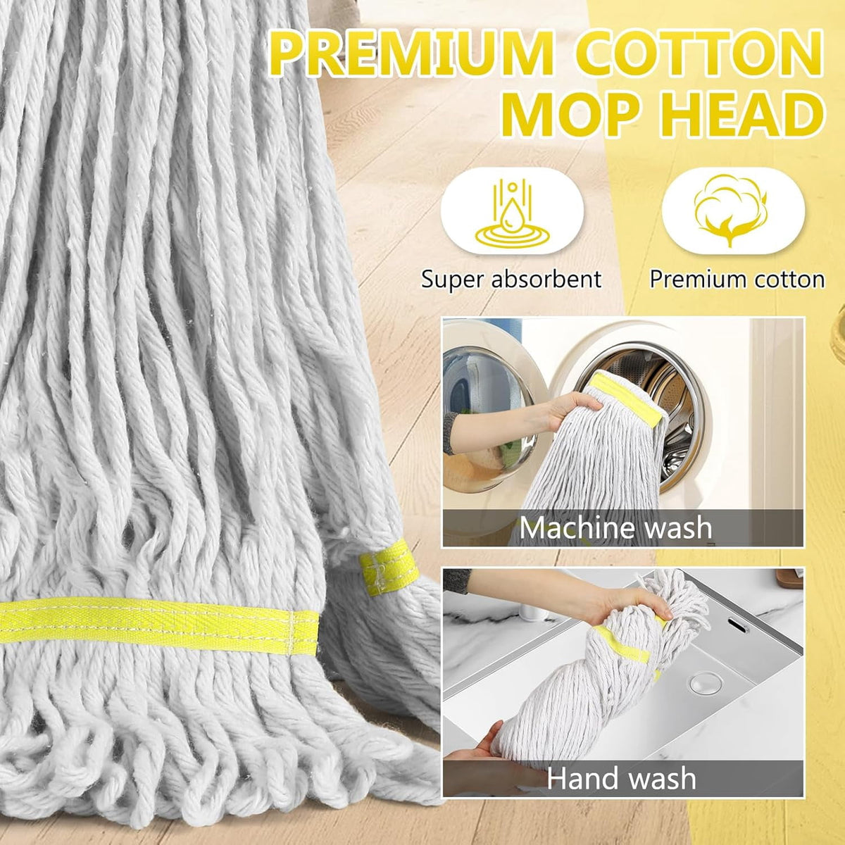 Heavy Duty Commercial Industrial Cotton Mop with Long Handle,Looped-End String Wet Mops with Replacement Mop Head for Home,Garage,Office, Workshop, Warehouse Floor Cleaning