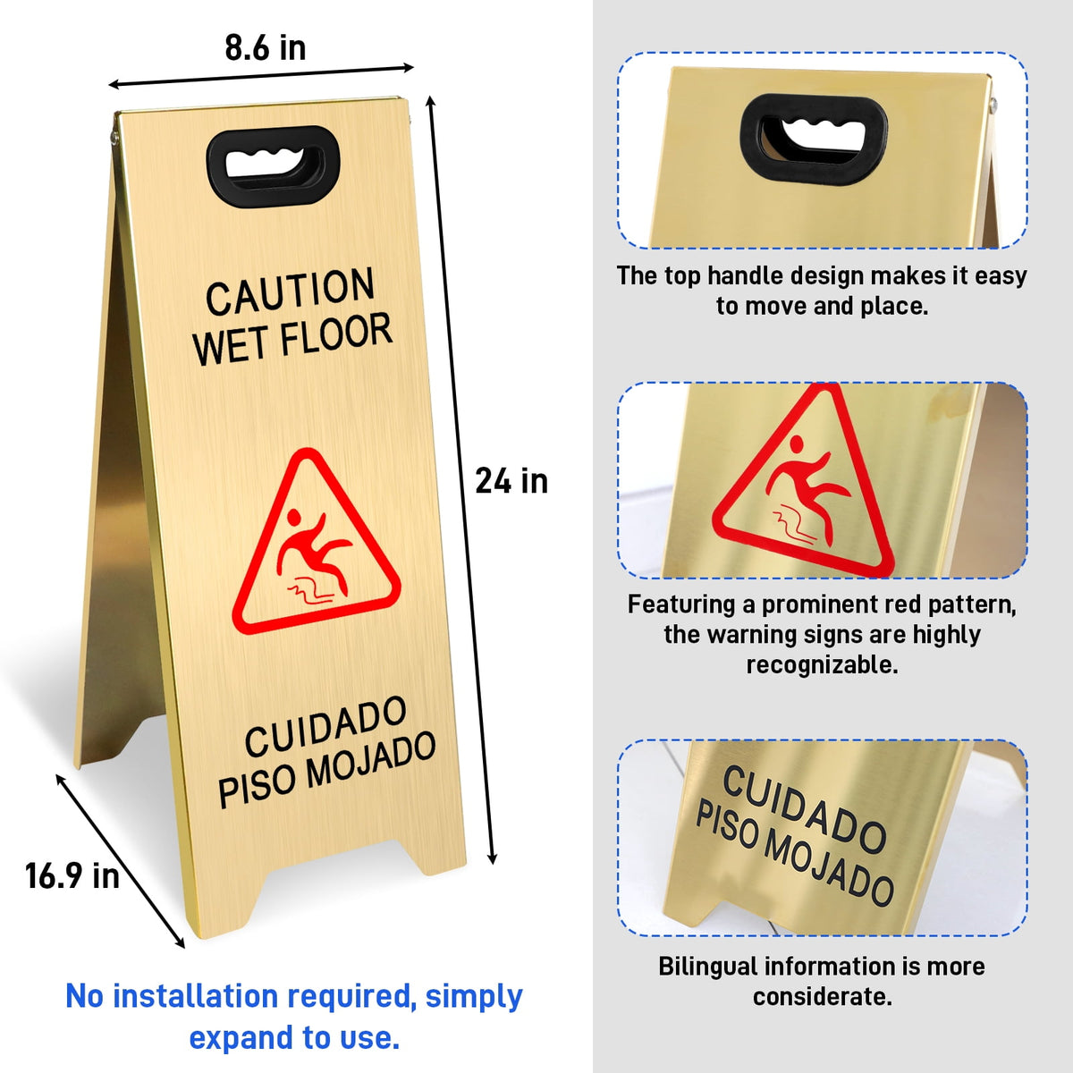 2 Pack Stainless Steel Wet Floor Sign, 24 Inch Caution Sign Portable Foldable Bilingual Safety Warning for Hotel Market Restroom Restaurant Office (Gold)