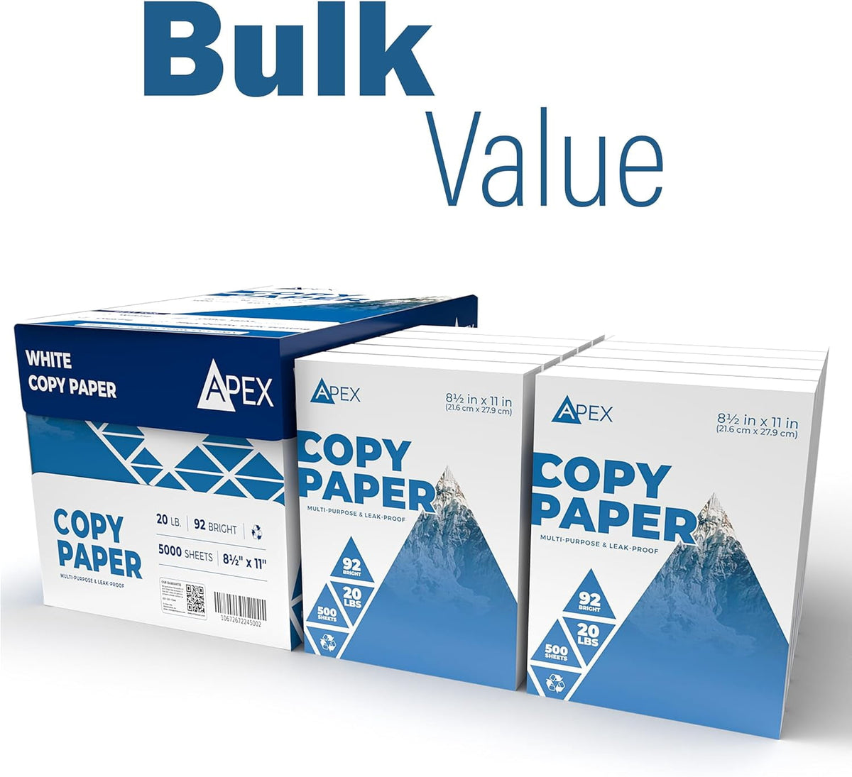 E-CLIPS USA Apex White Copy Paper 8.5” x 11” Multipurpose Printer Paper, 10 Reams Case