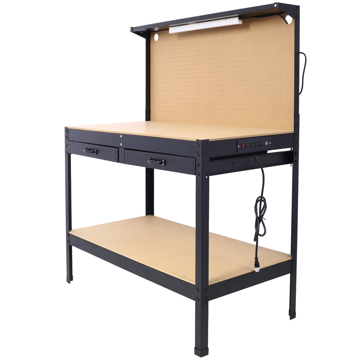 DUOSONG Steel Workbench Tool Storage Work Bench Workshop Tools Table W/Drawer And Peg Board ,4Xac Outlets 2Xusb Ports Black Steel Other