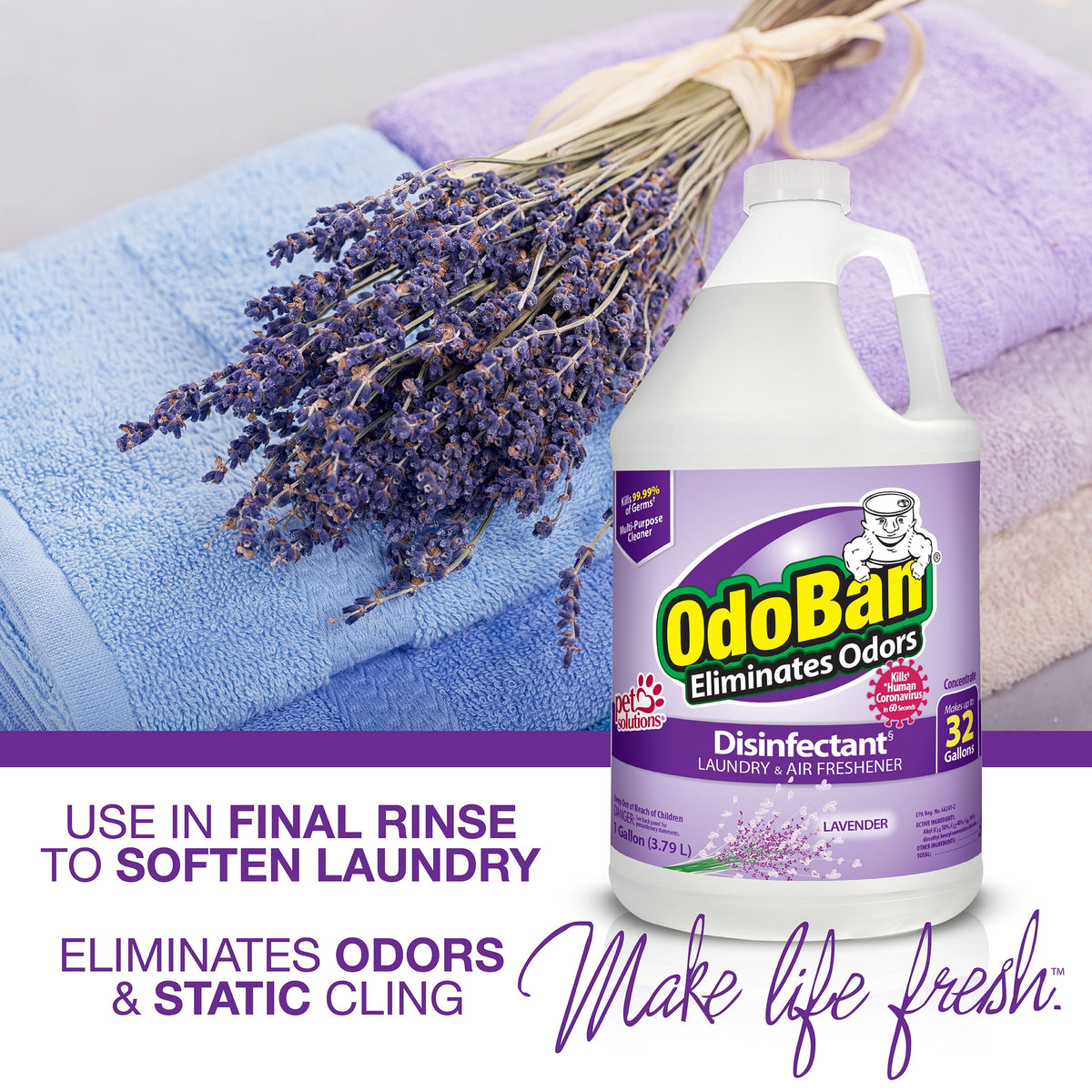 OdoBan Multipurpose Cleaner Concentrate, 2 Gal, Lavender Scent - Odor Eliminator, Disinfectant, Flood Fire Water Damage Restoration