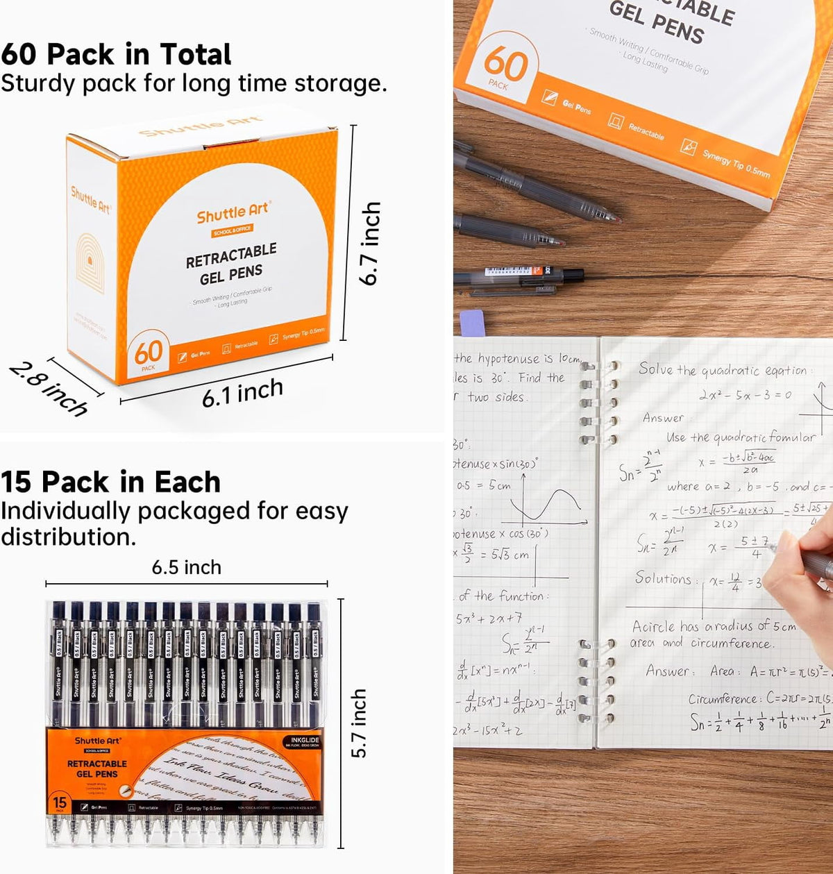 Shuttle Art Permanent Black Gel Pens, Ink Glide Series 60 Pack Retractable 0.5mm Fine Point Rollerball Gel Ink Pens Bulk Set Quick Drying Smooth Writing with Grip for Journaling Note Taking
