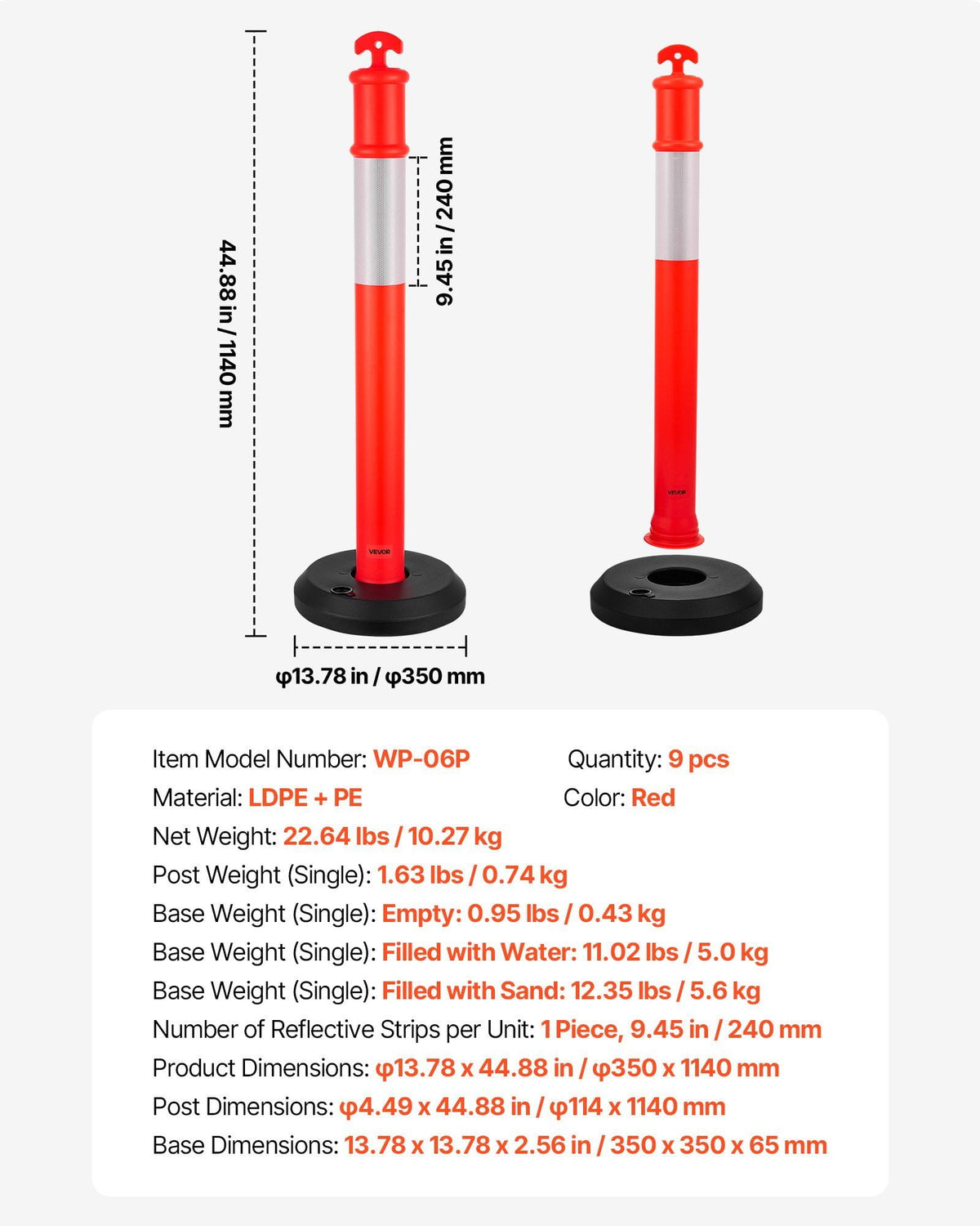9-Pack of 48-Inch Fillable Safety Cones with Reflective Strips – Heavy Duty Traffic Delineator Posts for Construction, Parking, and Event Crowd Control, Red