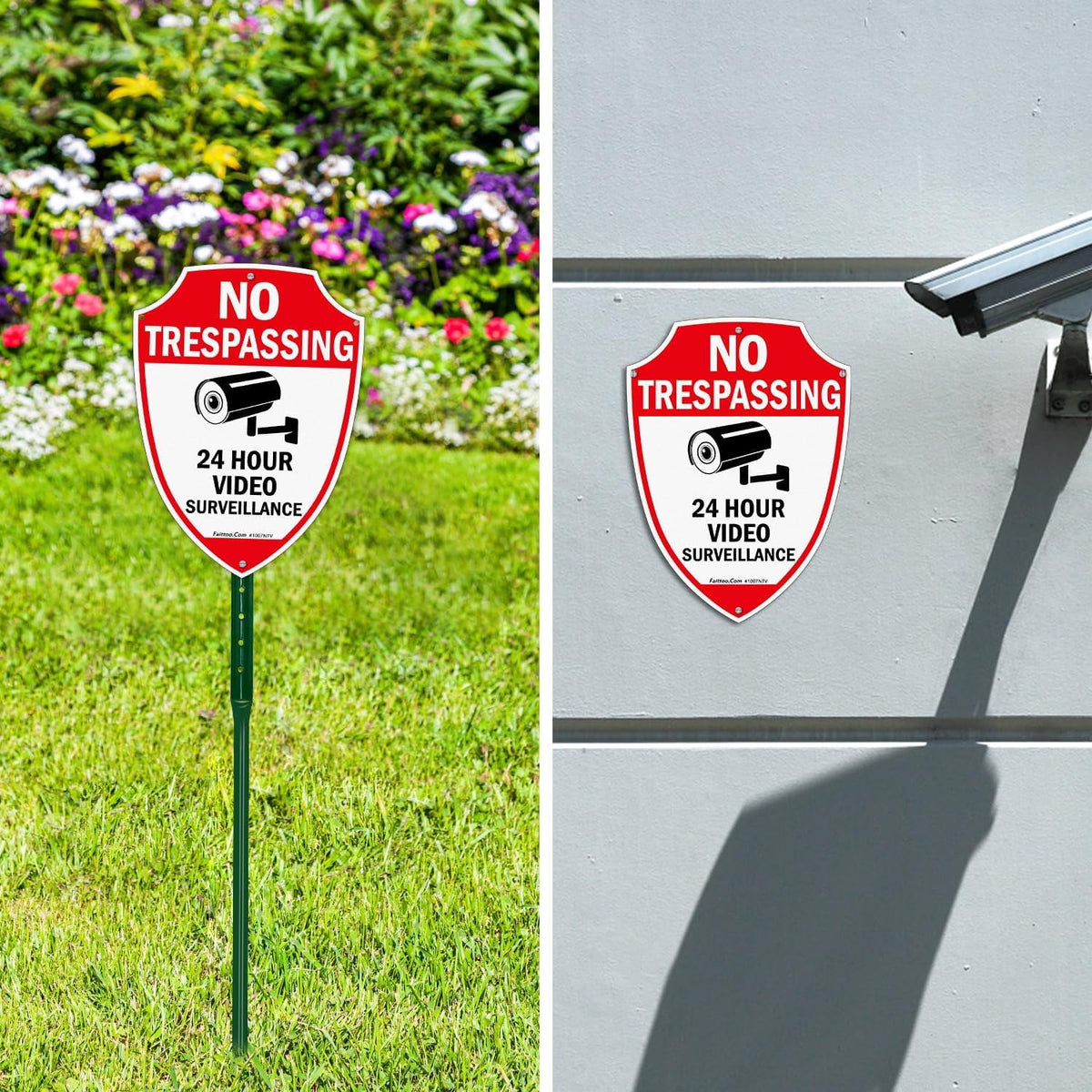 Faittoo No Trespassing Sign, Video Surveillance Signs Outdoor, 4-Pack, 9.6 x 6.8 Inch Reflective Aluminum Warning Sign for Home Business CCTV Security Camera, Weather/Fade Resistant, Shield Shape