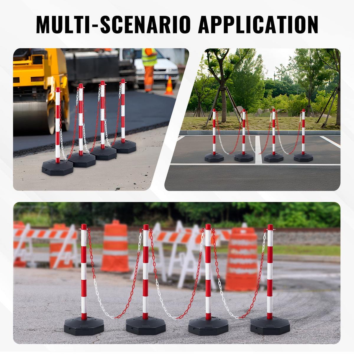 KFFKFF Movable Traffic Guide Post Cones, Set of 4, Safety Traffic Barrier with Loadable Base and 8FT Chain, Suitable for Traffic Regulation, Parking Area, Construction Warning, Roadway Caution