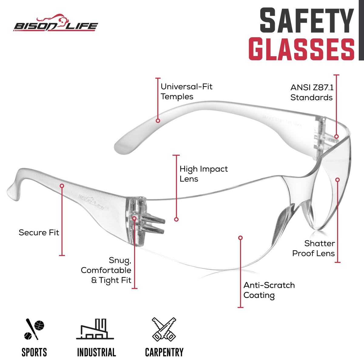 Bison Life Clear Safety Glasses, Pack of 12, ANSI Z87.1 Scratch & Impact Resistant, Polycarbonate Lens, One Size, Wrap Around Eyewear