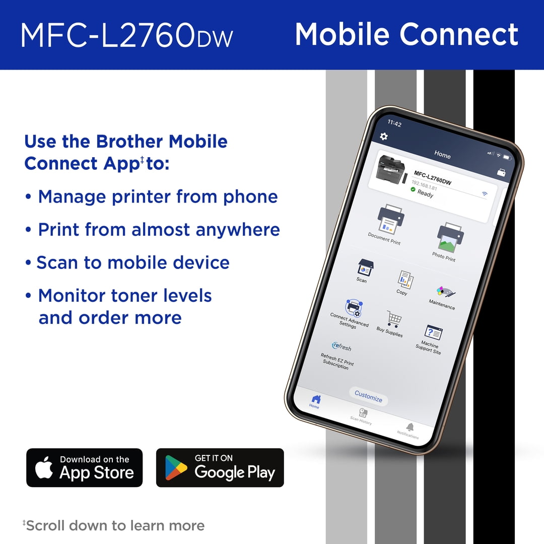 Brother Wireless MFC-L2760DW Compact Monochrome All-in-One Laser Printer with Copy, Scan and Fax, Duplex and Mobile Printing