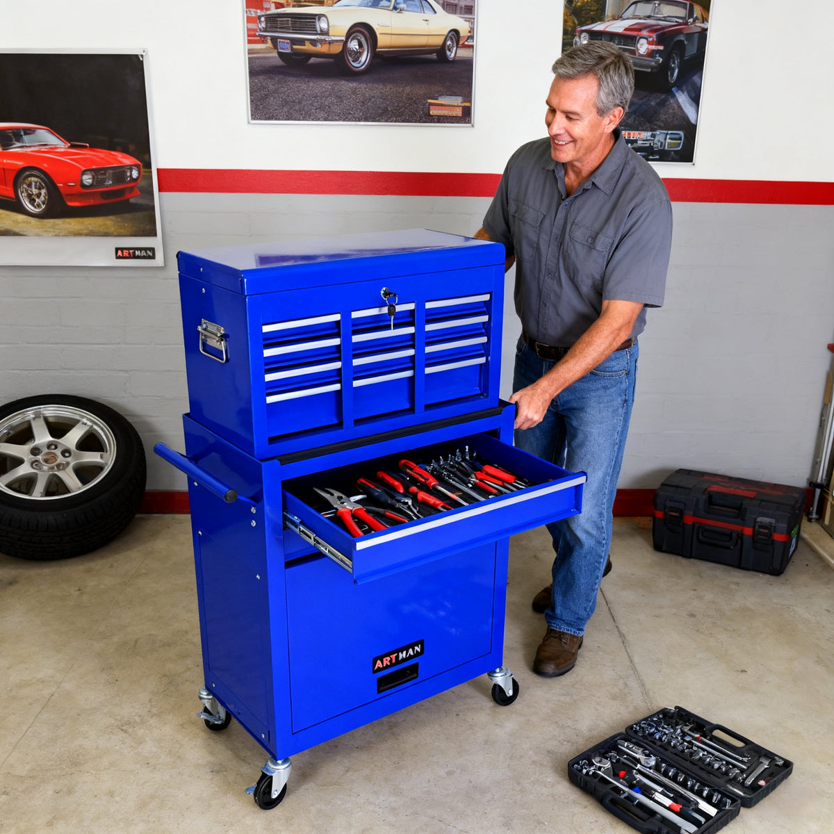 ARTMAN 2-IN-1 Tool Chest,8-Drawer High Capacity Tool Box, Rolling Tool Storage Cabinet with Wheels and Drawers for Garage Workshop Repair Shop