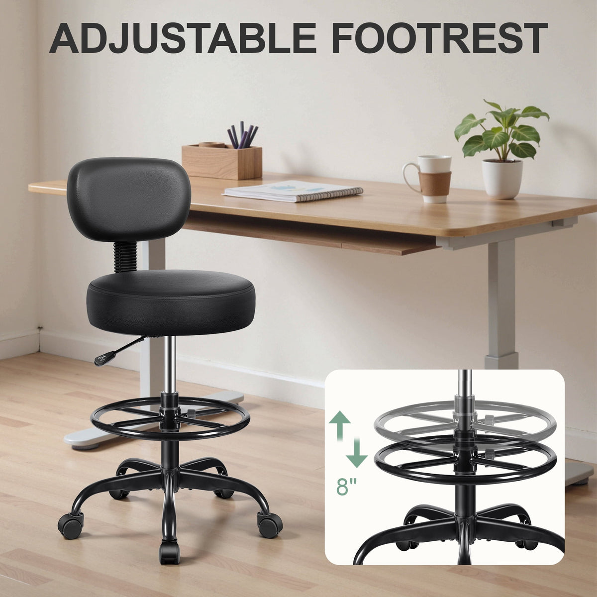 Primy Drafting Office Chair with Backrest - Adjustable Rolling Stool | Armless Office & Bar Height Chair | PU Leather with Thick Cushion | for Home, Office, Salon, Kitchen, Shop, Black