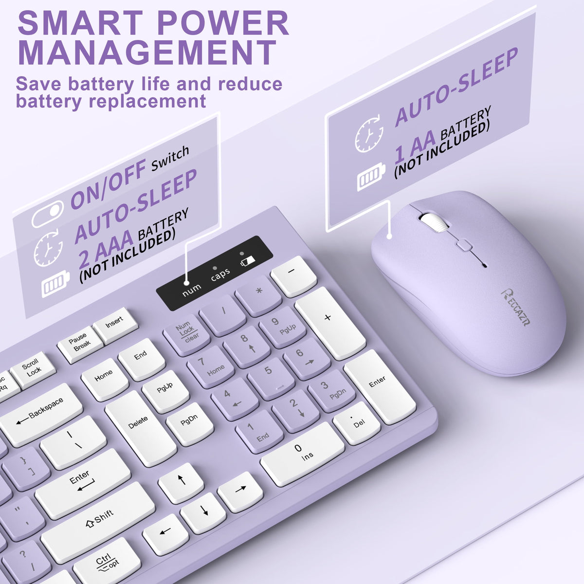 RECCAZR Wireless Keyboard and Mouse Combo , 2.4G Full Size, 12 Multimedia and Shortcut Keys, 3-Year Battery Life, for Windows, Mac OS Desktop/Laptop/PC(Purple)