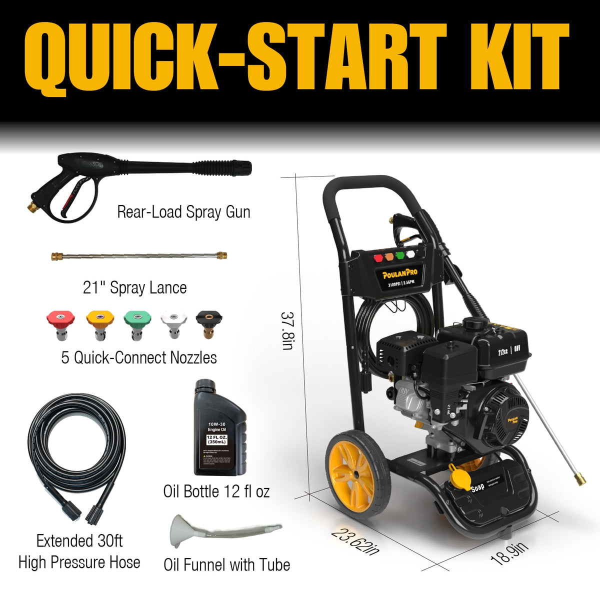 Poulan Pro Gas Pressure Washer, 3100 PSI & 2.5 GPM, 212cc 4-Cycle High Pressure Washer with 30ft Hose and 10-inch Wheels, 21" Spray Lance, 5 Nozzles for Cars Driveways Patios Fences Daily Cleaning