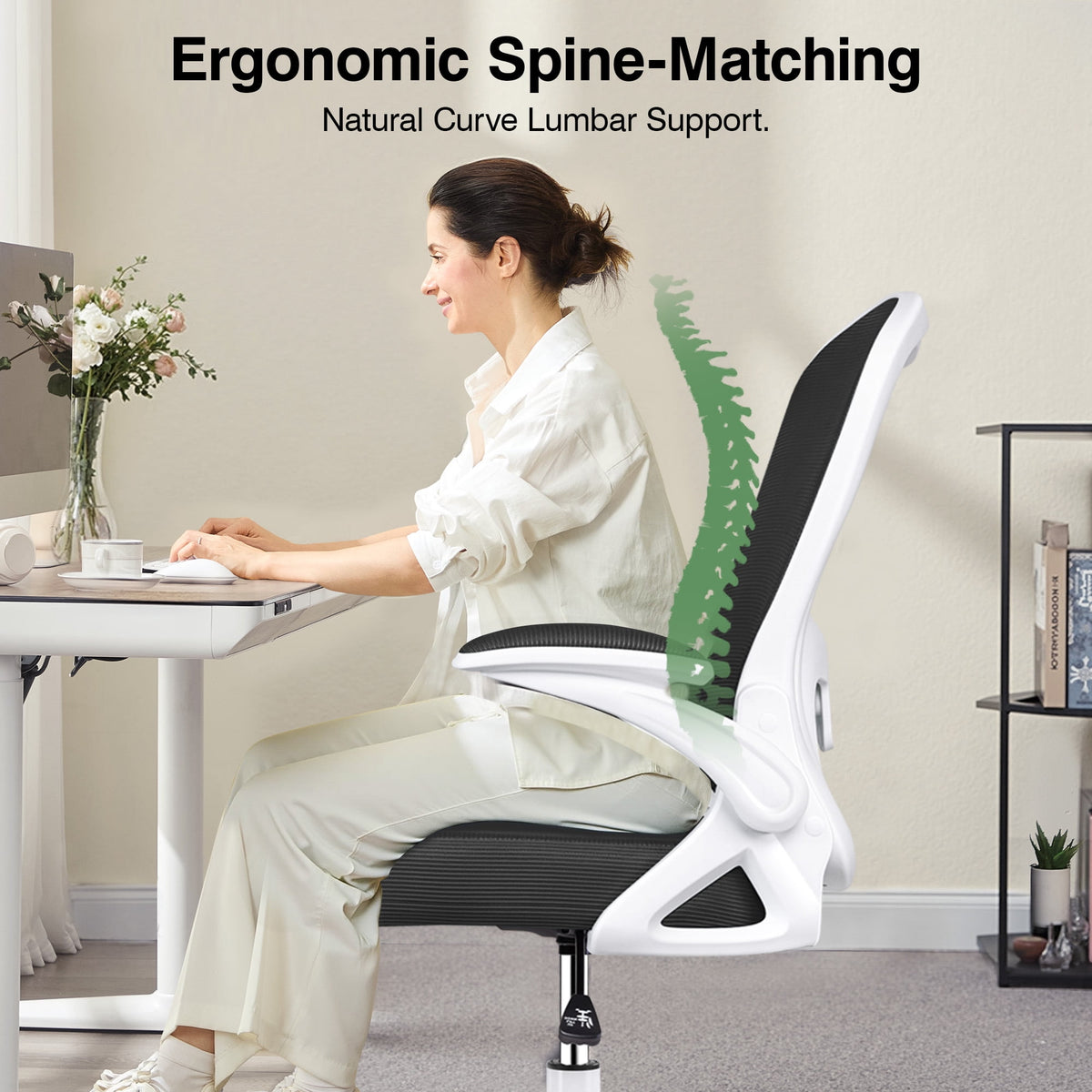 ATHOPE Ergonomic Office Chair, Mesh Desk Chair with Lumbar Support, Tall Office Chair with Flip-Up Armrests and Footrest Ring, Adjustable Computer Chair for Standing Desk Home Office, White
