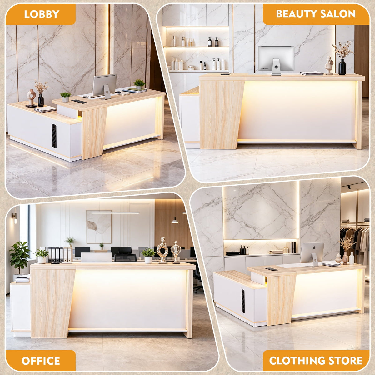 STICCIO L-Shaped Reception Desk with RGB LED Lights, 3 AC Outlets, USB-C and Combination Lock Drawer, 78 x 63 inch Front Desk for Office Lobby Salon