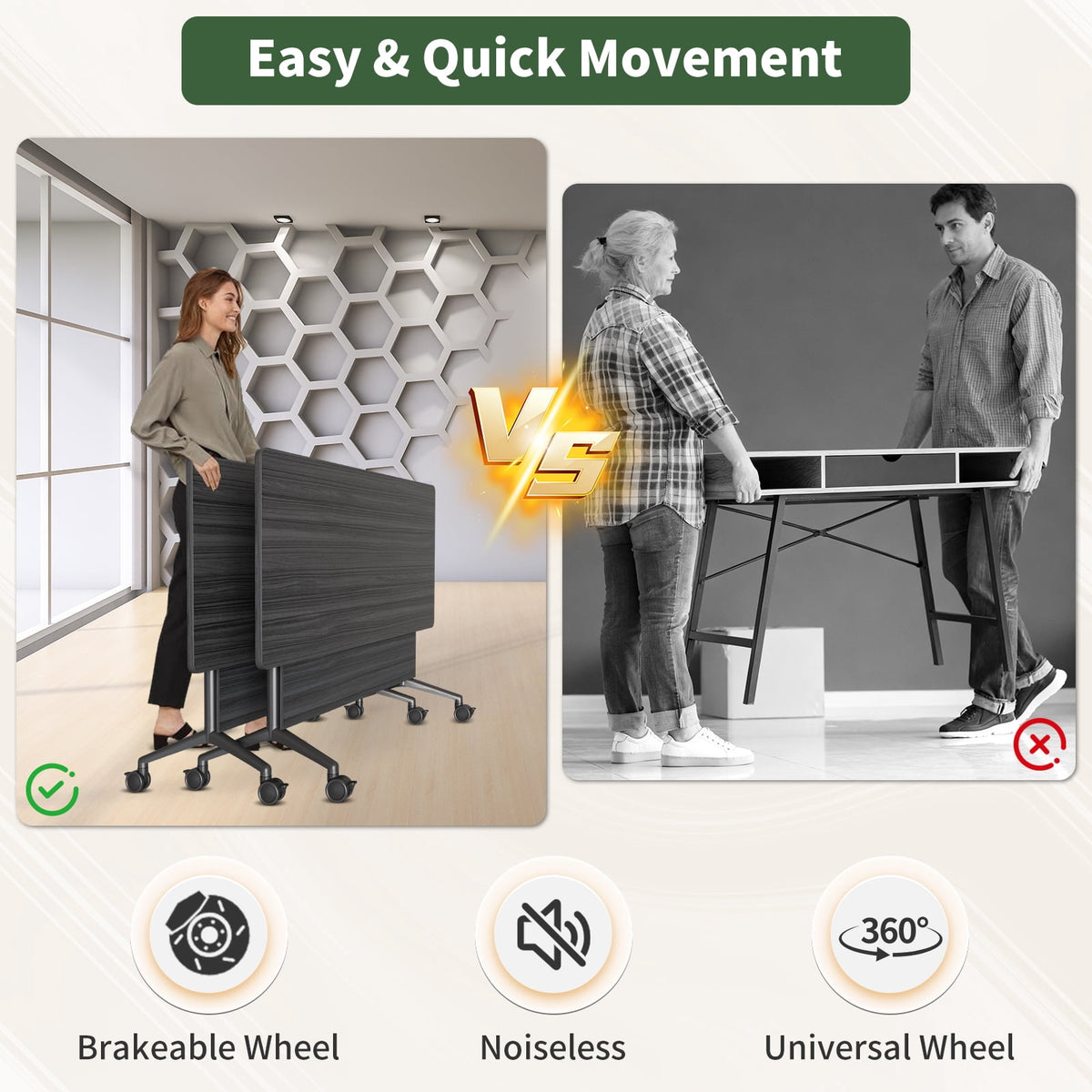 Folding Conference Room Tables with Silent Wheels, 6-12 Person Modern Foldable Modular Meeting Training desk for Office Seminar Boardroom (61 Ebony 8)