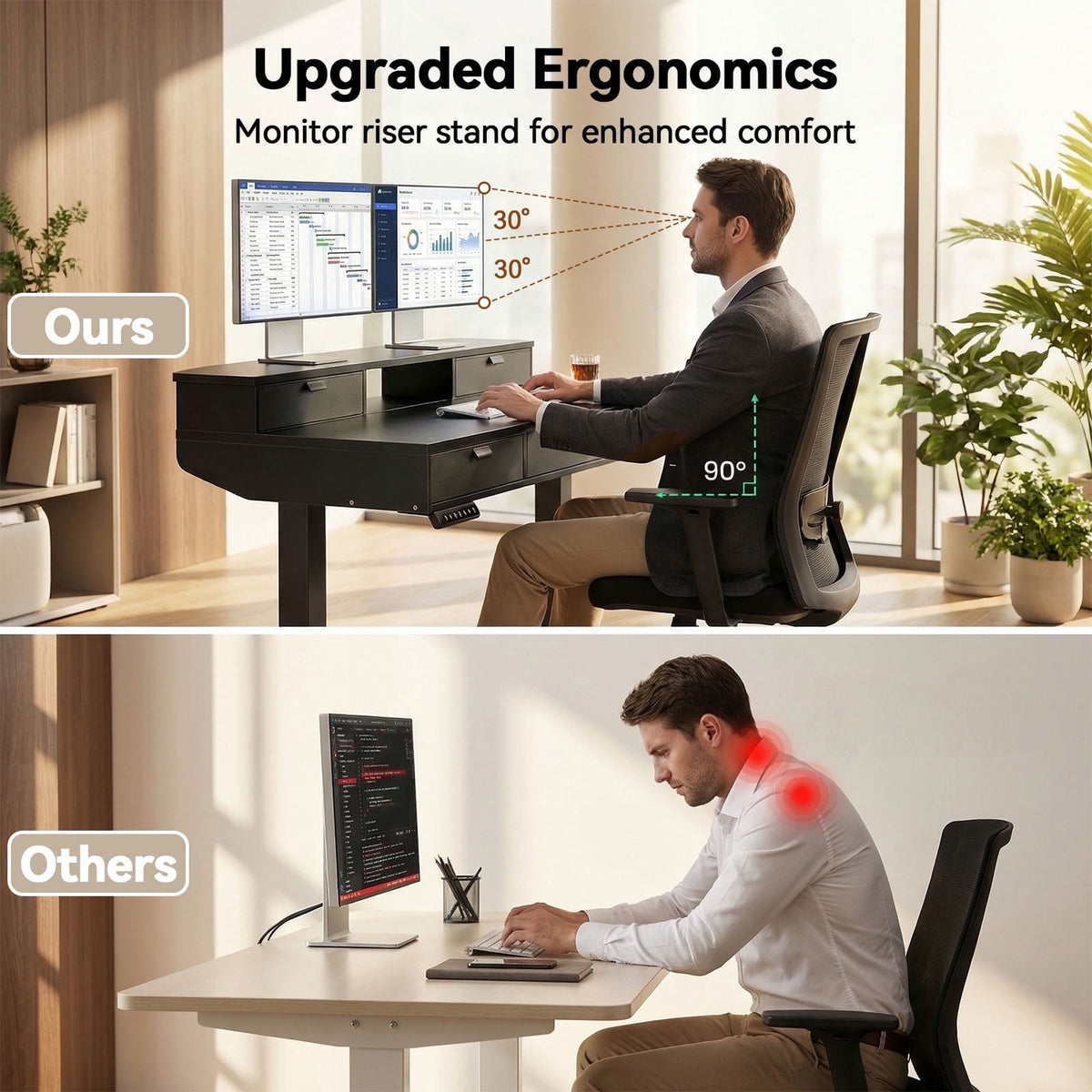 Electric Standing Desk with 5 Drawers, Monitor-Riser Design, 48" x 24" Height Adjustable Sit Stand Desk for Home Office, 4 Preset Pannel, Black