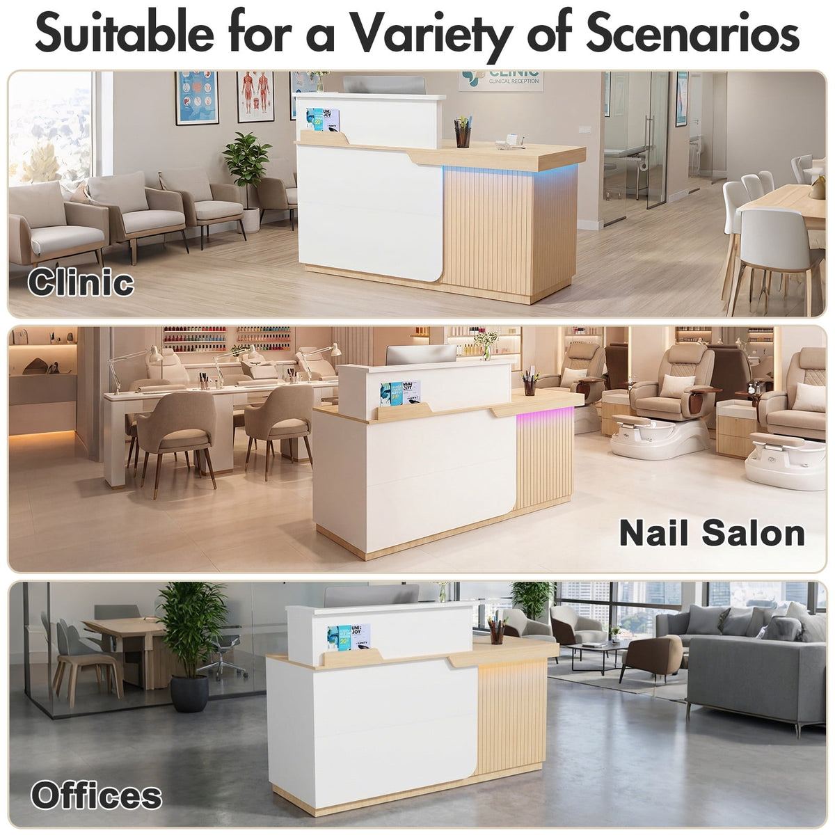 Advwin Modern Reception Desk with LED Light, 63" Fluted Front Desk with Lockable Drawer, Cabinet & Sliding Tray, Large Reception Counter Table for Office Lobby Nail Salon Clinic, White+Light Wood