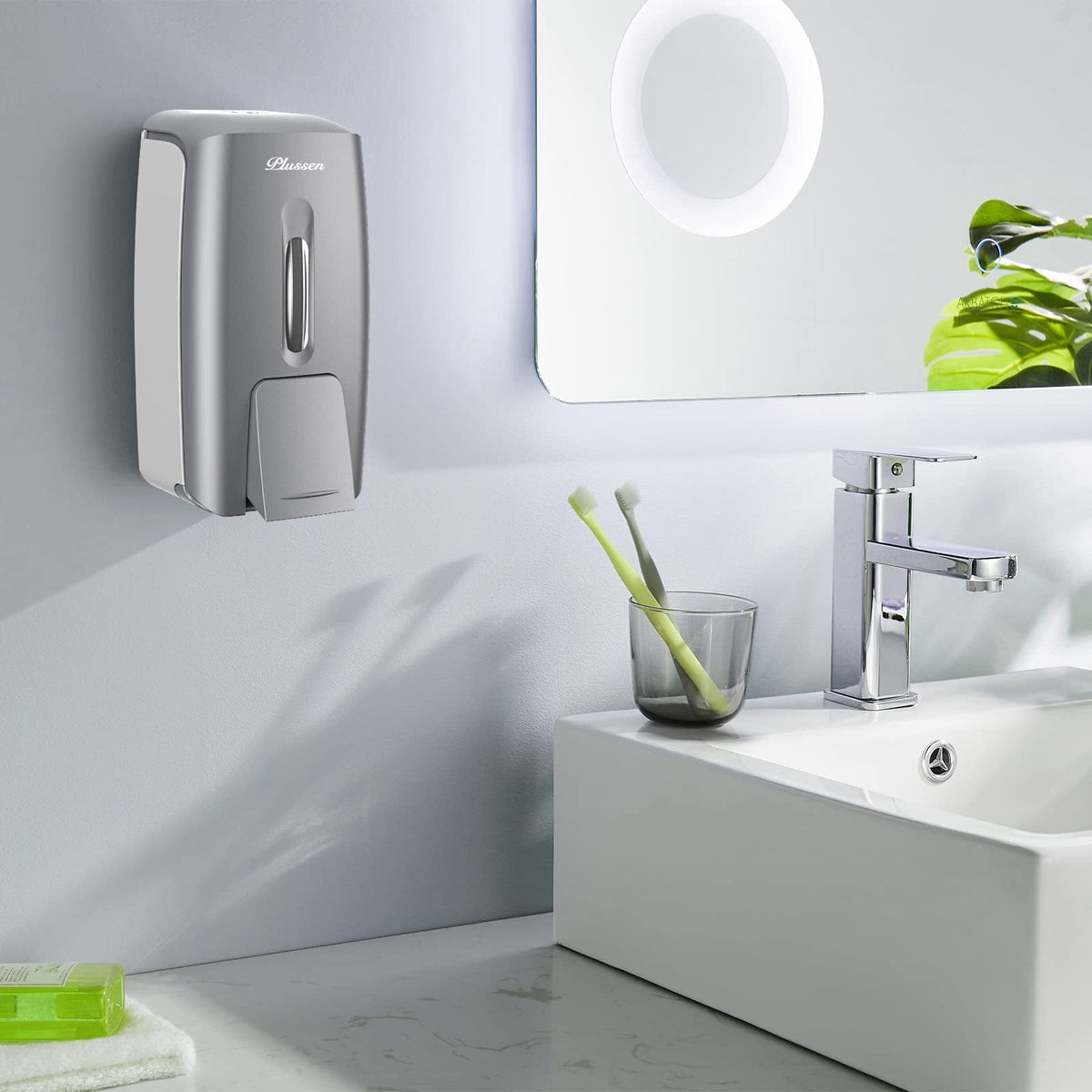 Plussen Manual Wall-Mounted 27oz Commercial Soap & Lotion Dispenser, Silver