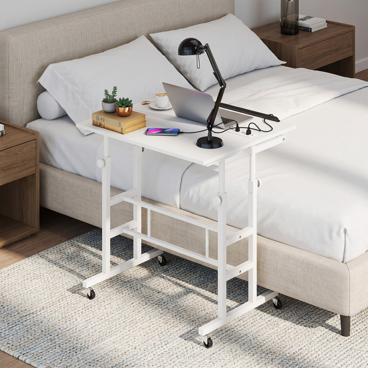 Furnibear Mobile Standing Desk Height Adjustable Computer Workstation with 2 Tilting Desktops, Rolling Sit Stand Desk with Charging Station, USB & Type-C Ports, White