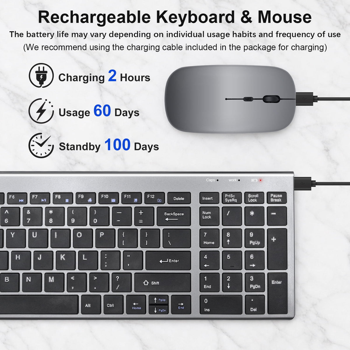 SANPTENT Slim Wireless Keyboard and Mouse Combo, Sleek Design, Rechargeable, Sleep Mode for Windows, Mac, Laptop, Space Gray