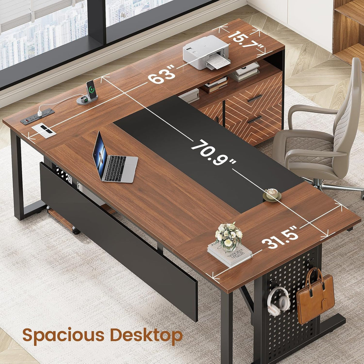 SEDETA 71" Executive Desk with Rolling File Cabinet, Large Office Desk with Drawers, L Shaped Computer Desk with Power Outlets, CPU Stand, Pegboard and Storage Shelves, Walnut
