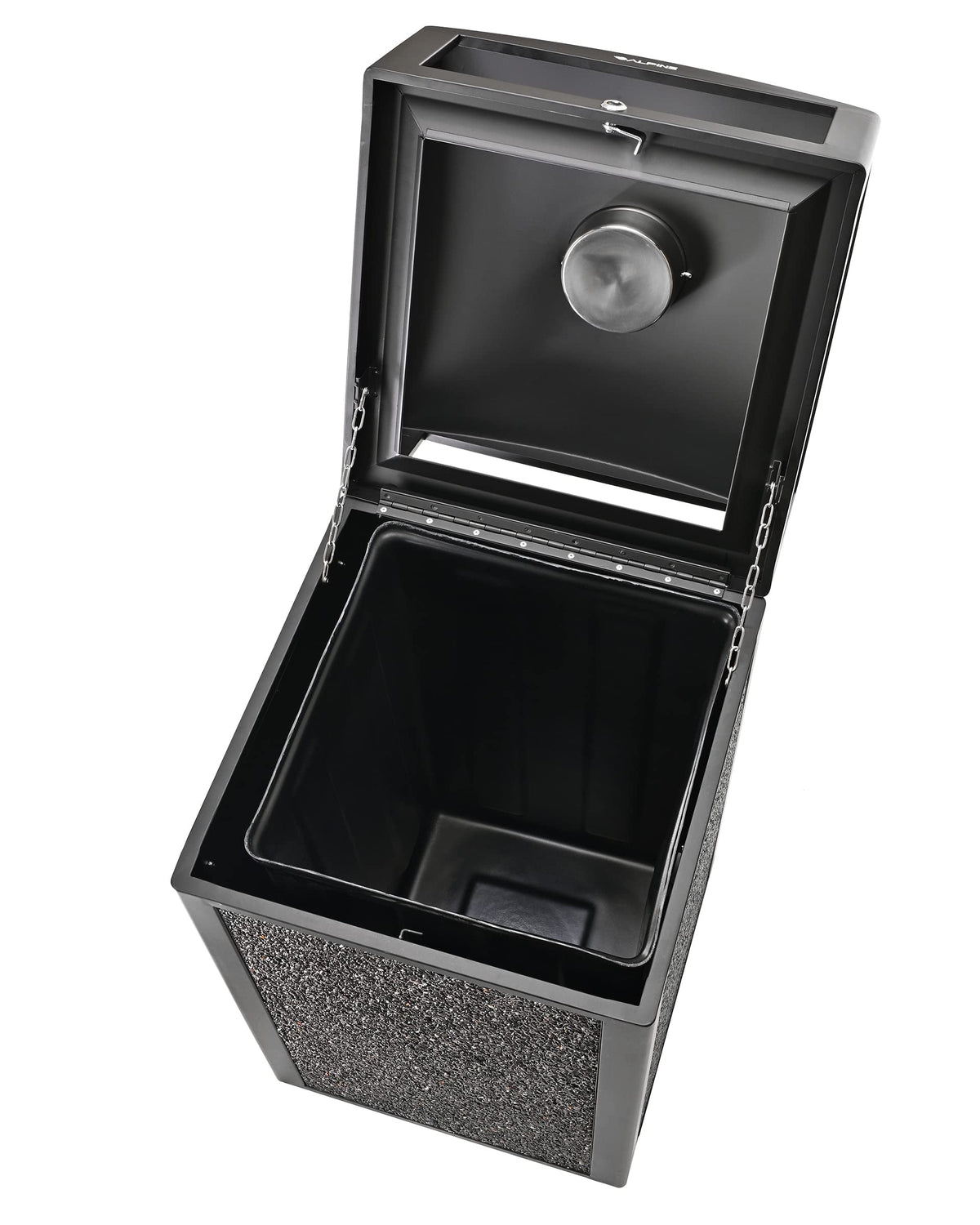 Alpine Outdoor Commercial Trash Can with Lid - 40 Gallon Heavy Duty Metal Garbage Can with Removable Bin, Locking Lid, Perfect for Patio, Pool, Deck, Mall Black, Grey Stone Panels (Tray)