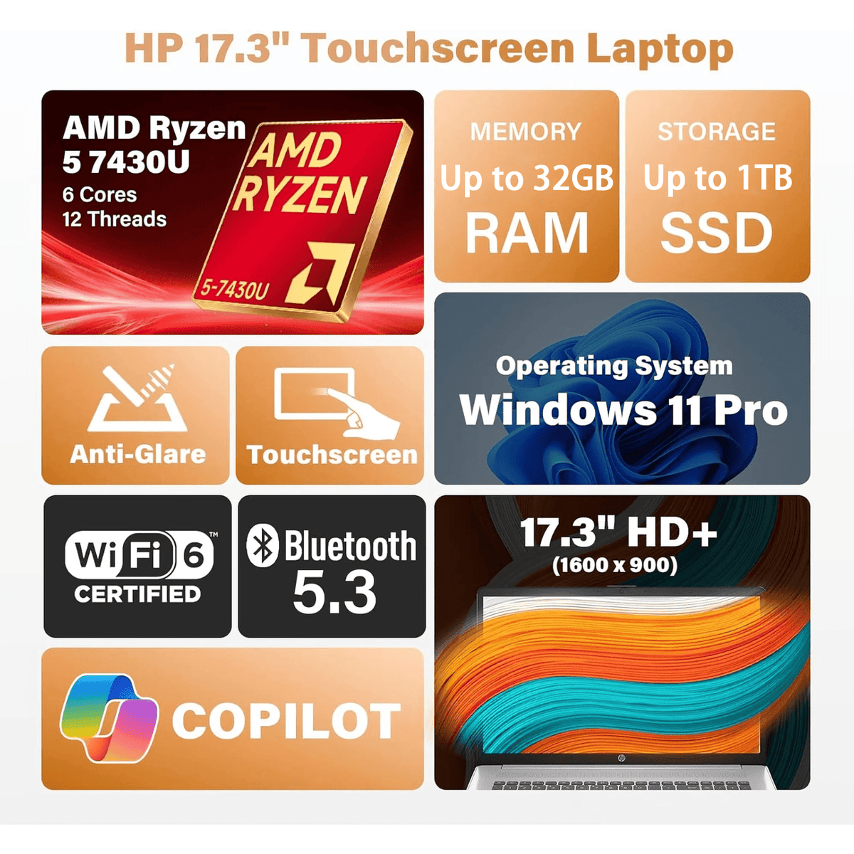 HP 17 Business Computer Laptop 2026, 17.3" HD+ Touchscreen Display, AMD Ryzen 5 7430U, Copilot AI, Backlit Keyboard, Wi-Fi 6, Fast Charge, Windows 11 Pro (8GB RAM | 256GB SSD)