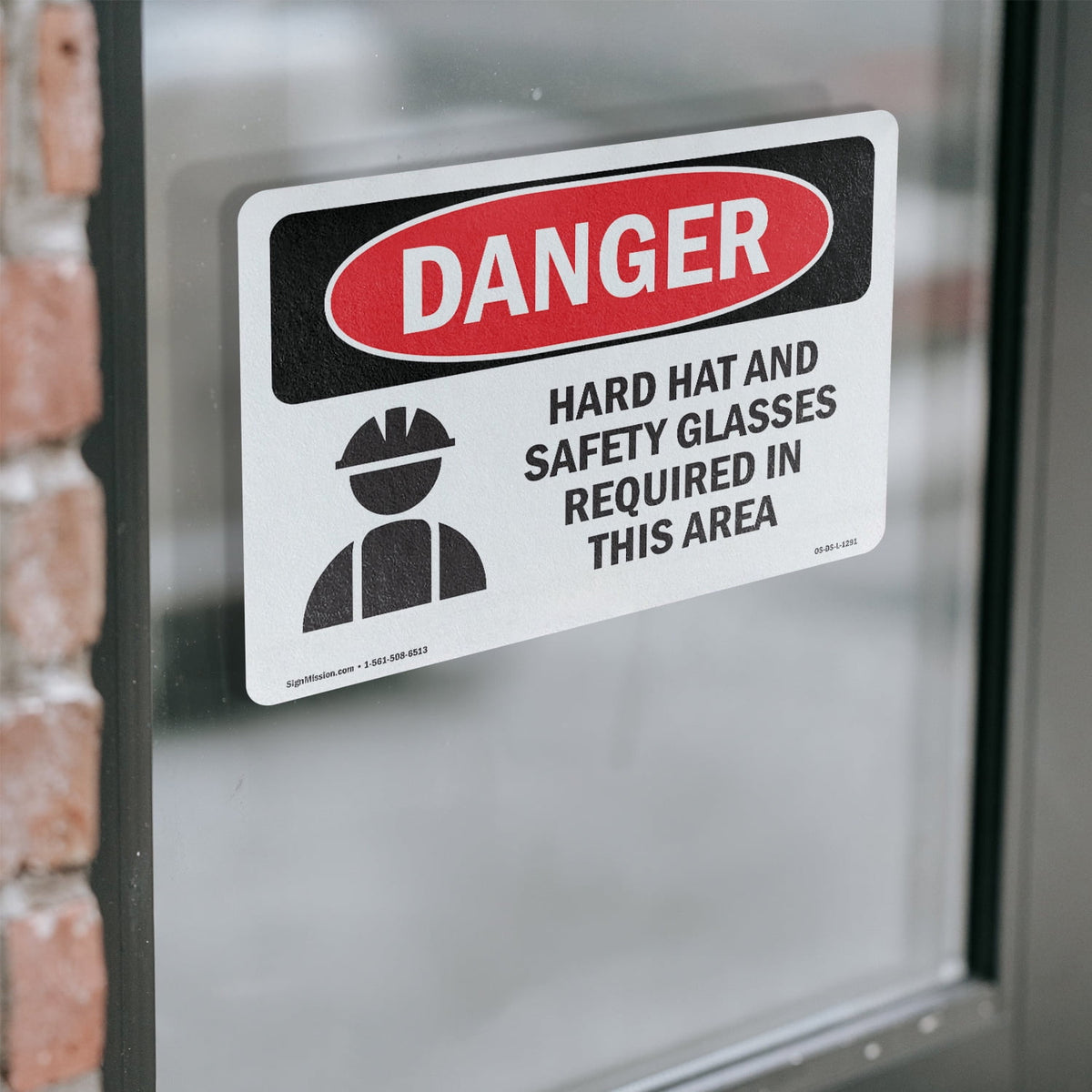 Hard Hat Safety Glasses Required In Area OSHA Danger Vinyl Decal Label 14 Inch x 10 Inch - 5 Pack