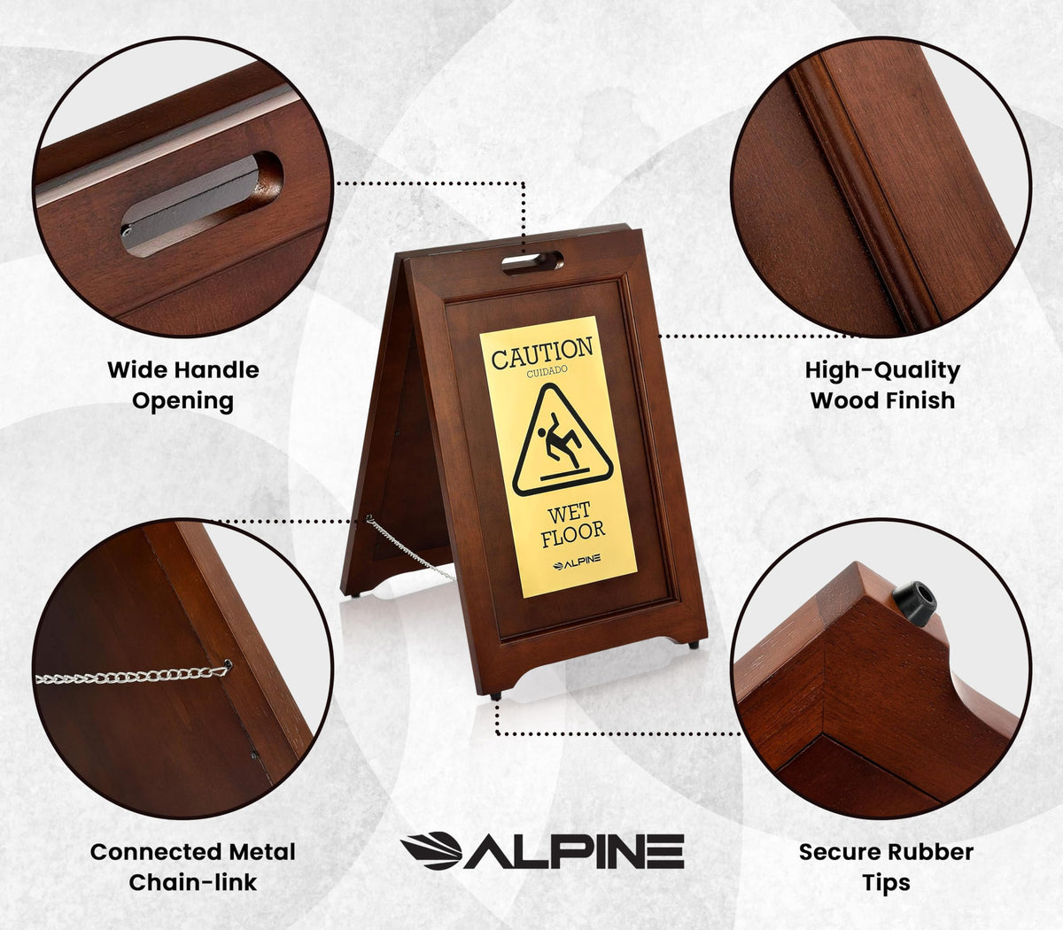 Alpine 2-Sided Wooden Brass Plated Wet Floor Sign - A-Frame Warning Notice - Double Sided Fold Out Bilingual Floor Safety Alert Ideal for High End Commercial Use